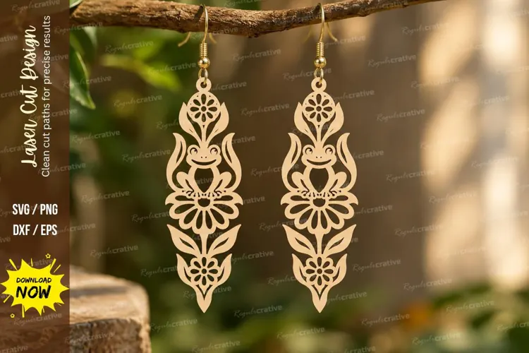 Vertical Floral Frog Earrings Laser Cut SVG PNG Design