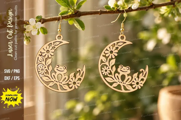 Crescent Floral Frog Earrings Laser Cut SVG PNG Design