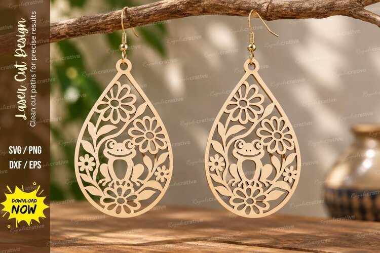 Teardrop Daisy Frog Earrings Laser Cut SVG PNG Design example image 1