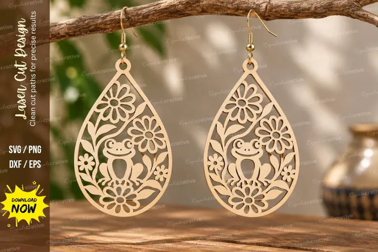 Teardrop Daisy Frog Earrings Laser Cut SVG PNG Design