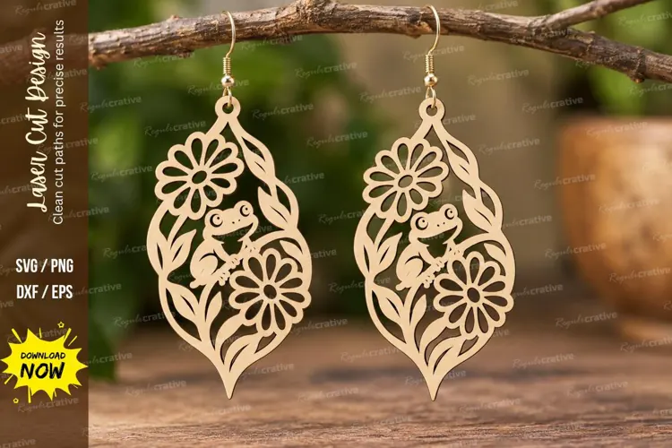 Leaf Floral Frog Earrings Laser Cut SVG PNG Design