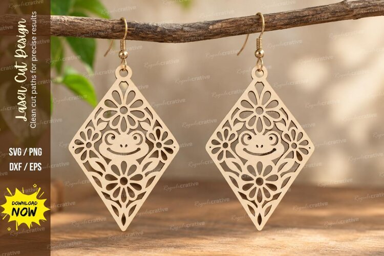 Diamond Floral Frog Earrings Laser Cut SVG PNG Design example image 1