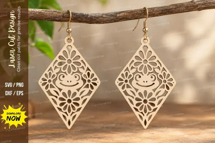 Diamond Floral Frog Earrings Laser Cut SVG PNG Design