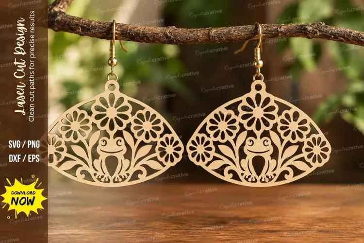 Fan Shape Floral Frog Earrings Laser Cut SVG PNG Design