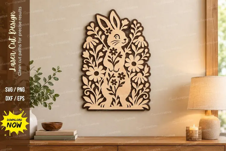 Floral Bunny Garden Wall Art Laser Cut SVG PNG Design, bunny