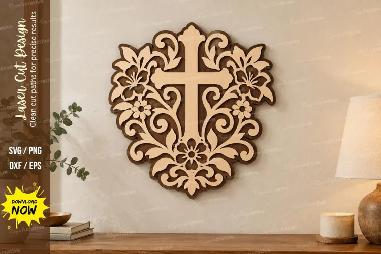 Ornate Floral Cross Wall Art Laser Cut SVG PNG Design, Chris