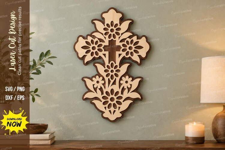 Floral Cross Ornament Wall Art Laser Cut SVG PNG Design example image 1