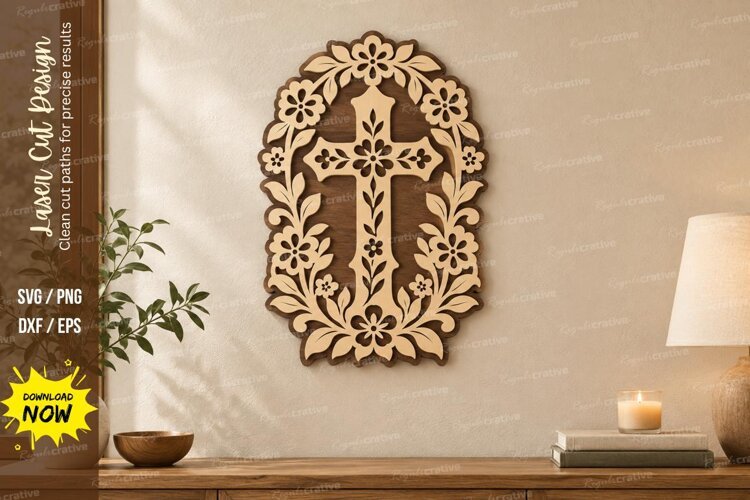 Oval Floral Cross Wall Art Laser Cut SVG PNG Design, Christi example image 1