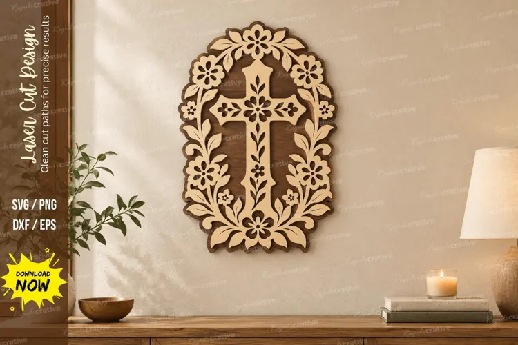 Oval Floral Cross Wall Art Laser Cut SVG PNG Design, Christi