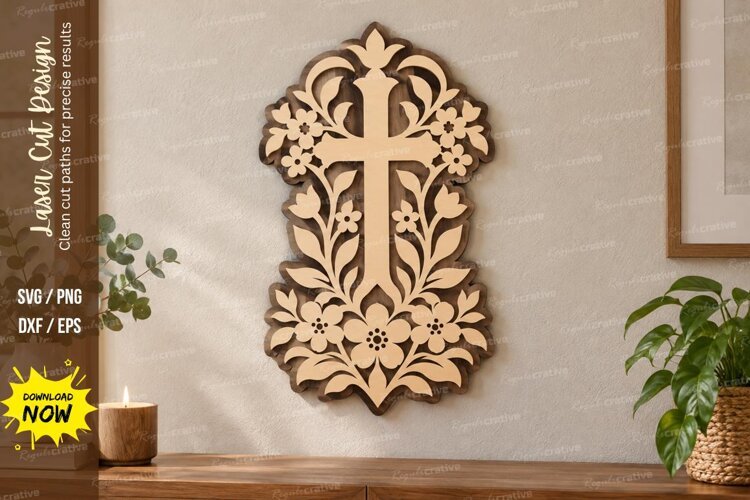 Botanical Cross Wall Art Laser Cut SVG PNG Design, Christian example image 1