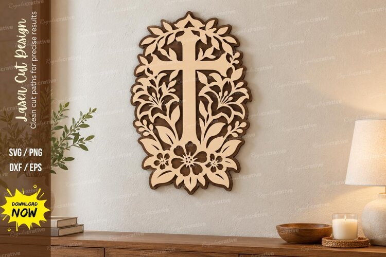 Oval Botanical Cross Wall Art Laser Cut SVG PNG Design example image 1