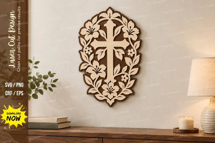 Ornate Floral Cross Wall Art Laser Cut SVG PNG Design,