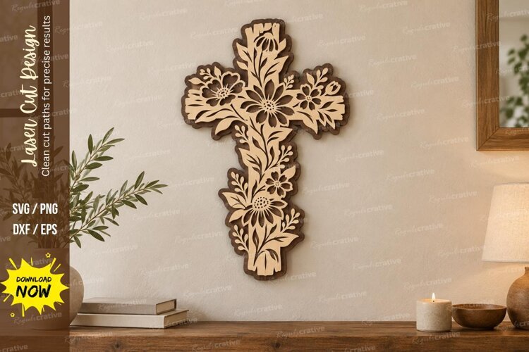 Floral Cross Wall Decor Laser Cut SVG PNG Design, Christian example image 1