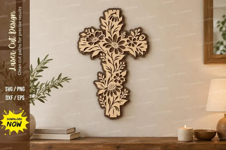 Floral Cross Wall Decor Laser Cut SVG PNG Design, Christian