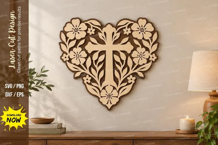 Heart Floral Cross Wall Art Laser Cut SVG PNG Design, Christ