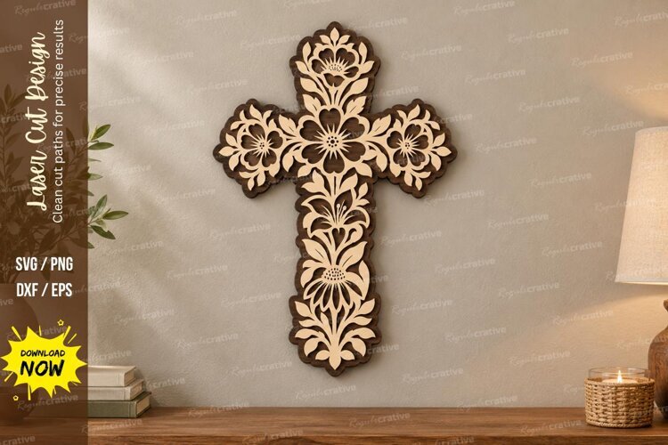 Botanical Cross Wall Art Laser Cut SVG PNG Design, Christian example image 1