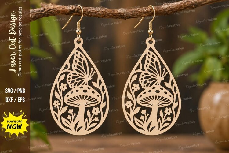Teardrop Mushroom Floral Earrings Laser Cut SVG PNG Design, example image 1