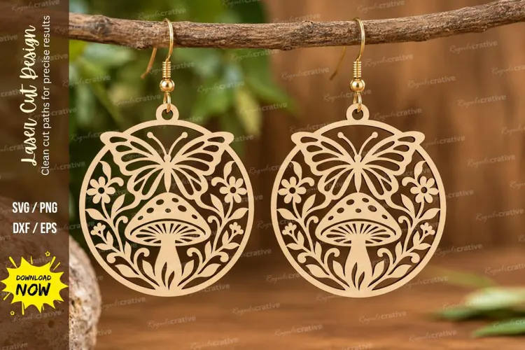 Round Mushroom Floral Earrings Laser Cut SVG PNG Design
