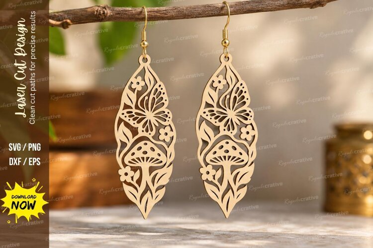 Leaf Mushroom Floral Earrings Laser Cut SVG PNG Design example image 1