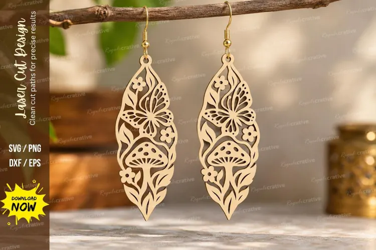 Leaf Mushroom Floral Earrings Laser Cut SVG PNG Design