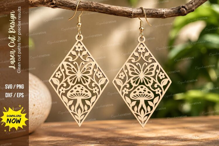 Diamond Mushroom Floral Earrings Laser Cut SVG PNG Design example image 1