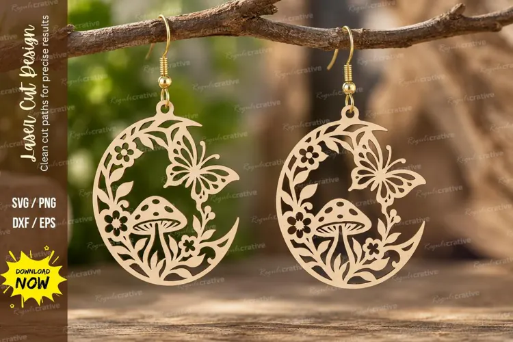 Crescent Mushroom Moon Earrings Laser Cut SVG PNG Design