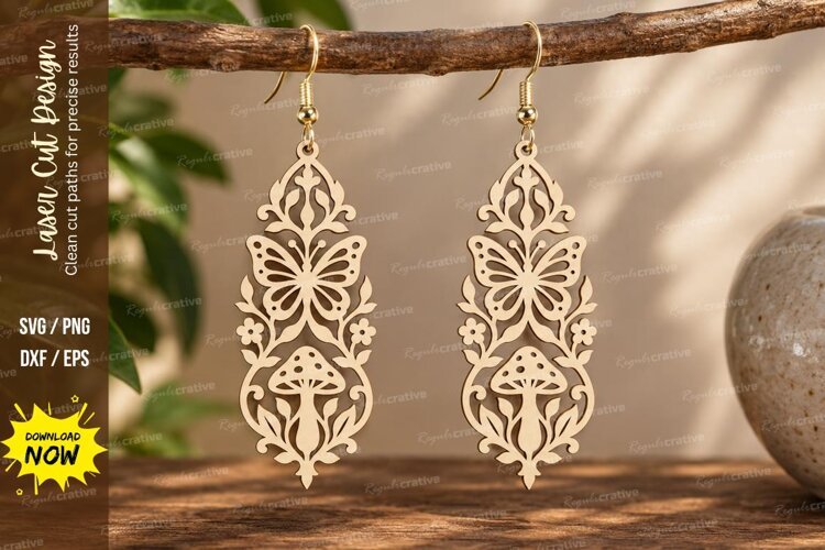 Ornate Mushroom Dangle Earrings Laser Cut SVG PNG Design example image 1