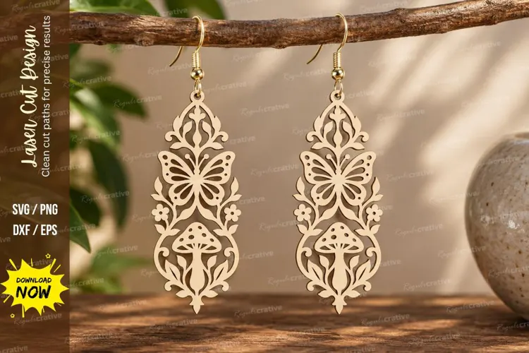 Ornate Mushroom Dangle Earrings Laser Cut SVG PNG Design