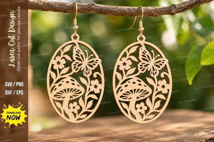 Oval Mushroom Floral Earrings Laser Cut SVG PNG Design example image 1