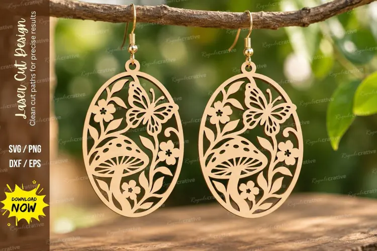 Oval Mushroom Floral Earrings Laser Cut SVG PNG Design