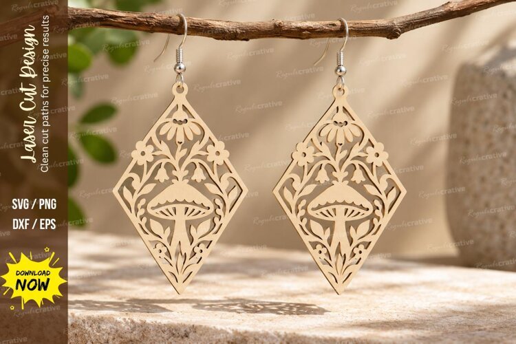 Diamond Mushroom Floral Earrings Laser Cut SVG PNG Design example image 1