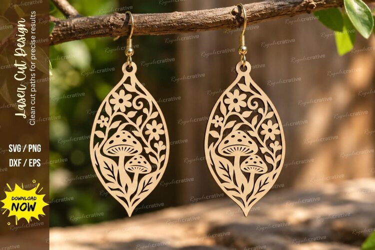 Teardrop Mushroom Floral Earrings Laser Cut SVG PNG Design example image 1