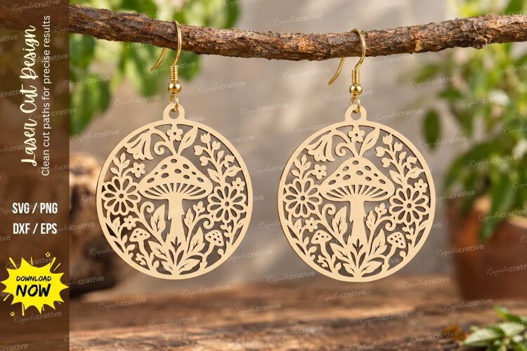 Round Mushroom Floral Earrings Laser Cut SVG PNG Design example image 1
