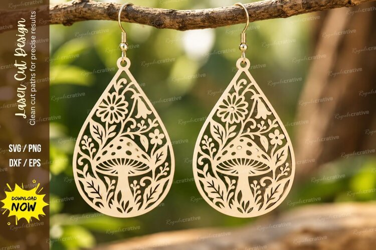 Teardrop Mushroom Filigree Earrings Laser Cut SVG PNG Design example image 1