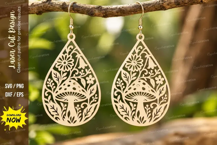 Teardrop Mushroom Filigree Earrings Laser Cut SVG PNG Design