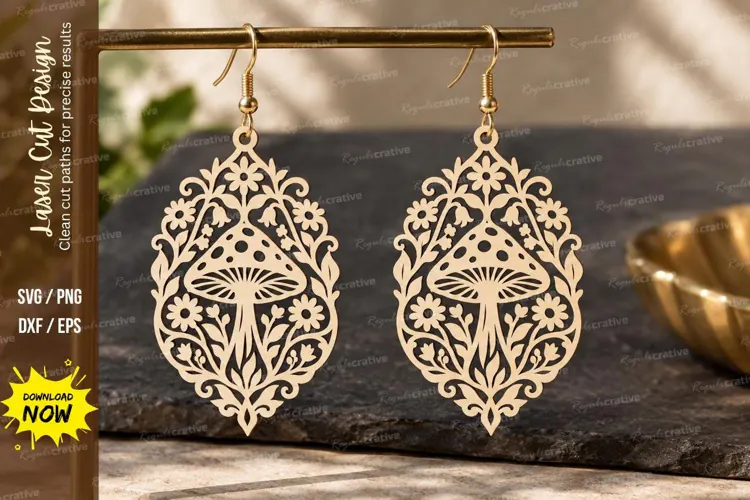 Oval Ornate Mushroom Earrings Laser Cut SVG PNG Design