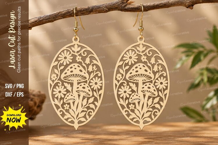 Oval Mushroom Botanical Earrings Laser Cut SVG PNG Design example image 1