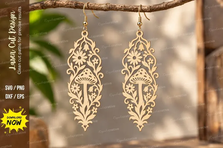 Ornate Mushroom Dangle Earrings Laser Cut SVG PNG Design