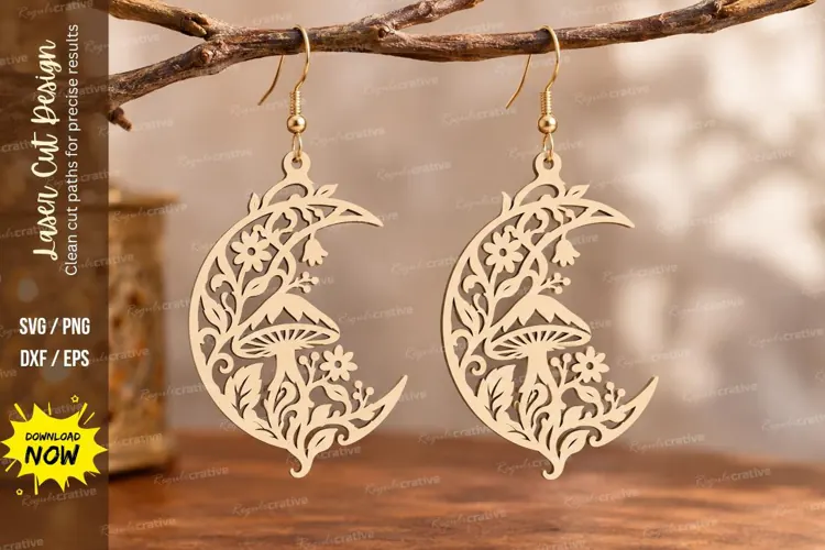 Crescent Moon Mushroom Earrings Laser Cut SVG PNG Design