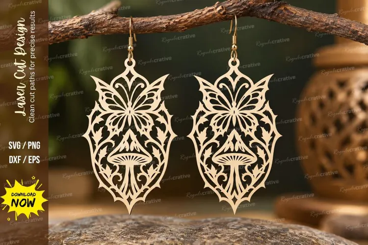 Gothic Mushroom Floral Earrings Laser Cut SVG PNG Design,