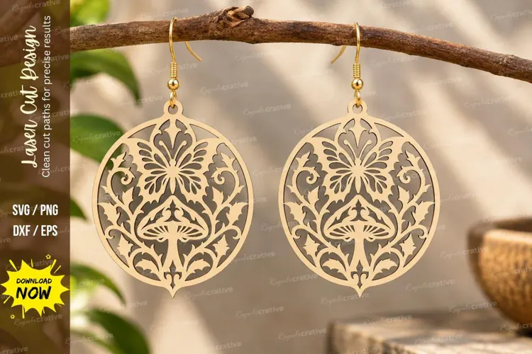 Round Floral Mushroom Earrings Laser Cut SVG PNG Design
