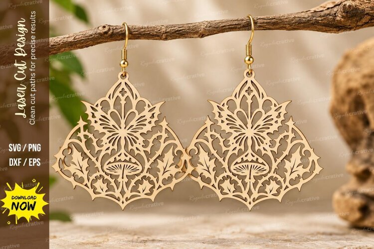 Fan Leaf Mushroom Earrings Laser Cut SVG PNG Design, Woodlan example image 1