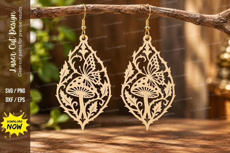 Teardrop Mushroom Filigree Earrings Laser Cut SVG PNG Design example image 1