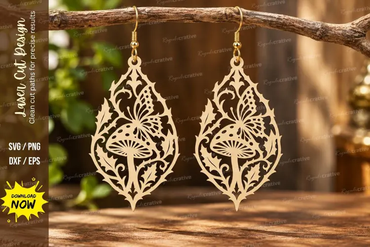 Teardrop Mushroom Filigree Earrings Laser Cut SVG PNG Design