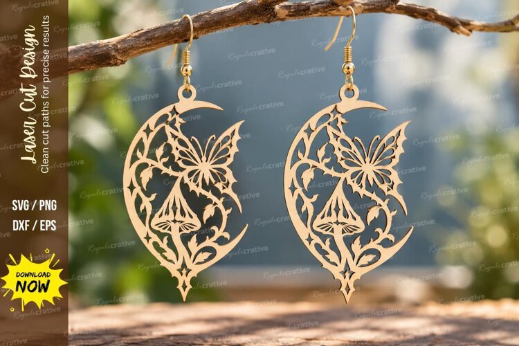 Crescent Mushroom Floral Earrings Laser Cut SVG PNG Design example image 1