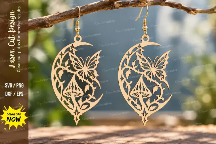 Crescent Mushroom Floral Earrings Laser Cut SVG PNG Design