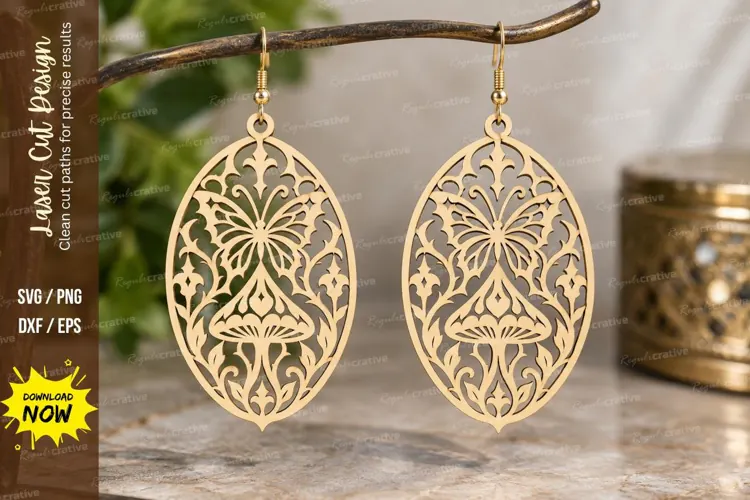 Oval Mushroom Floral Earrings Laser Cut SVG PNG Design