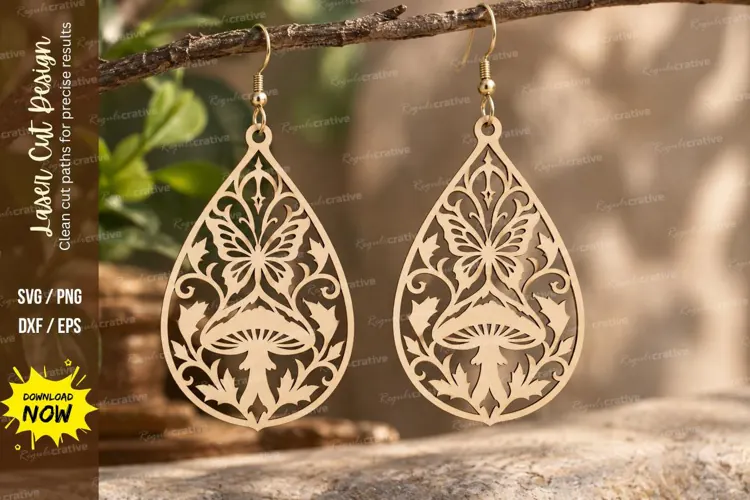 Teardrop Mushroom Floral Earrings Laser Cut SVG PNG Design