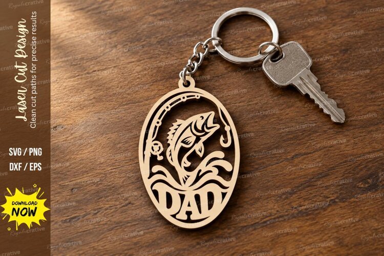 Dad Fish Oval Keychain Laser Cut SVG PNG Design, Fisherman example image 1