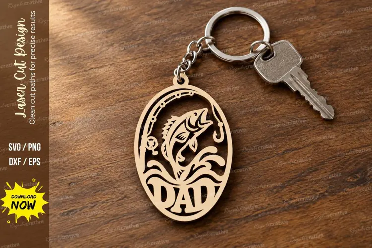 Dad Fish Oval Keychain Laser Cut SVG PNG Design, Fisherman